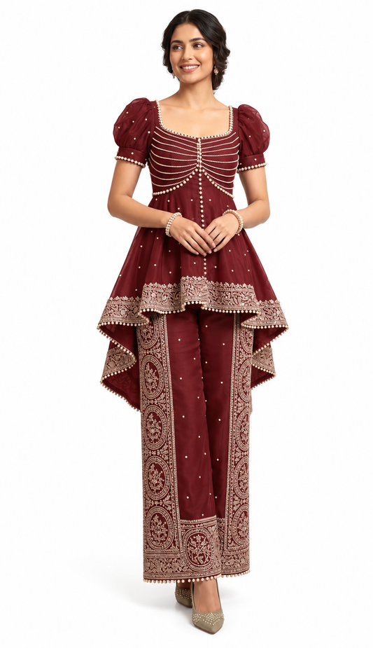 Women’s Embroidered Peplum Top & Printed Palazzo Set
