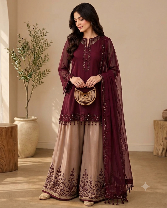 Women’s Embroidered Kurta Palazzo & Dupatta Set