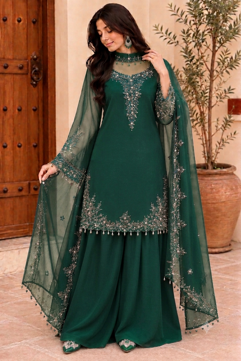 Women’s Embroidered Kurta Palazzo & Dupatta Set