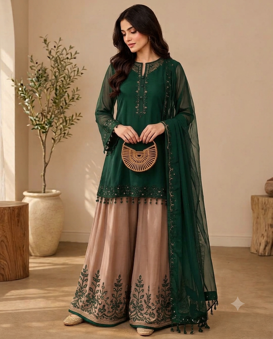 Women’s Embroidered Kurta Palazzo & Dupatta Set