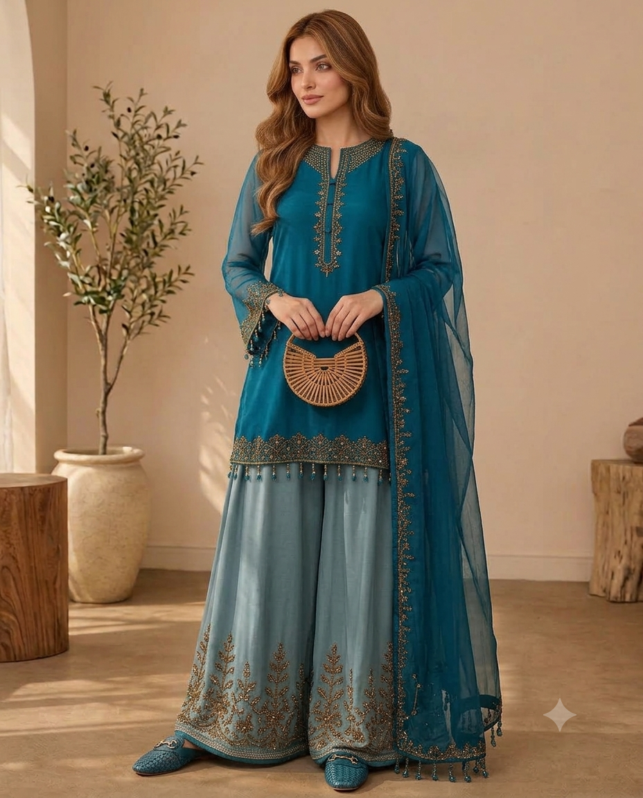 Women’s Embroidered Kurta Palazzo & Dupatta Set