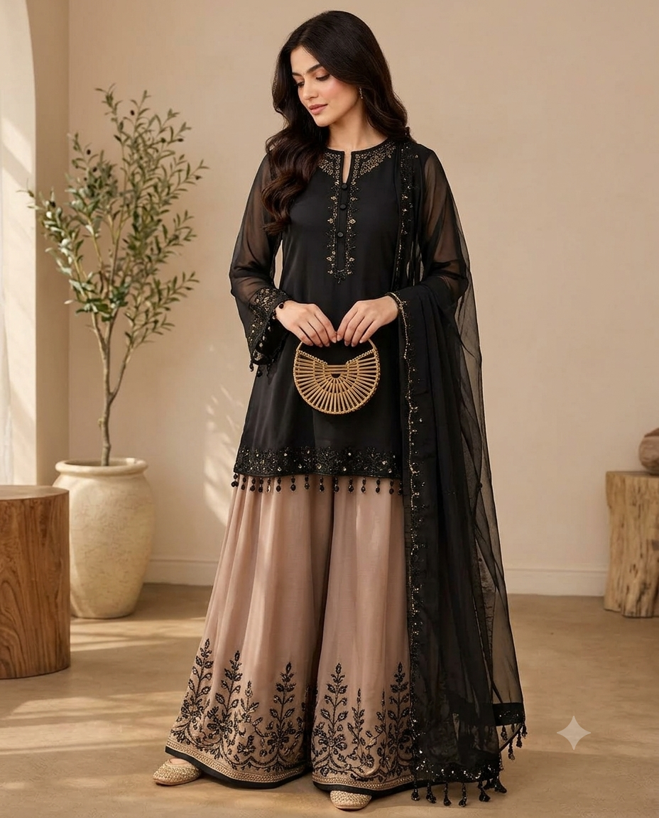 Women’s Embroidered Kurta Palazzo & Dupatta Set