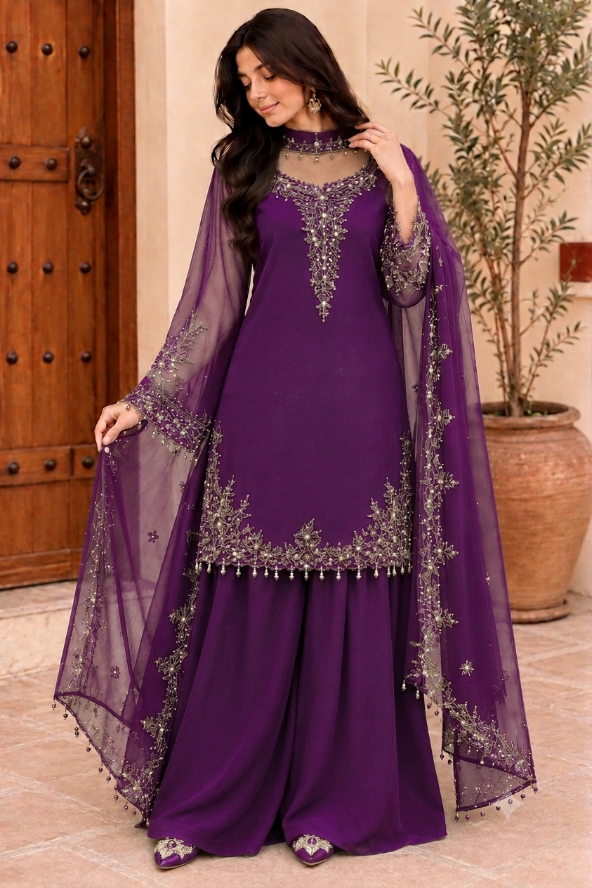 Women’s Embroidered Kurta Palazzo & Dupatta Set