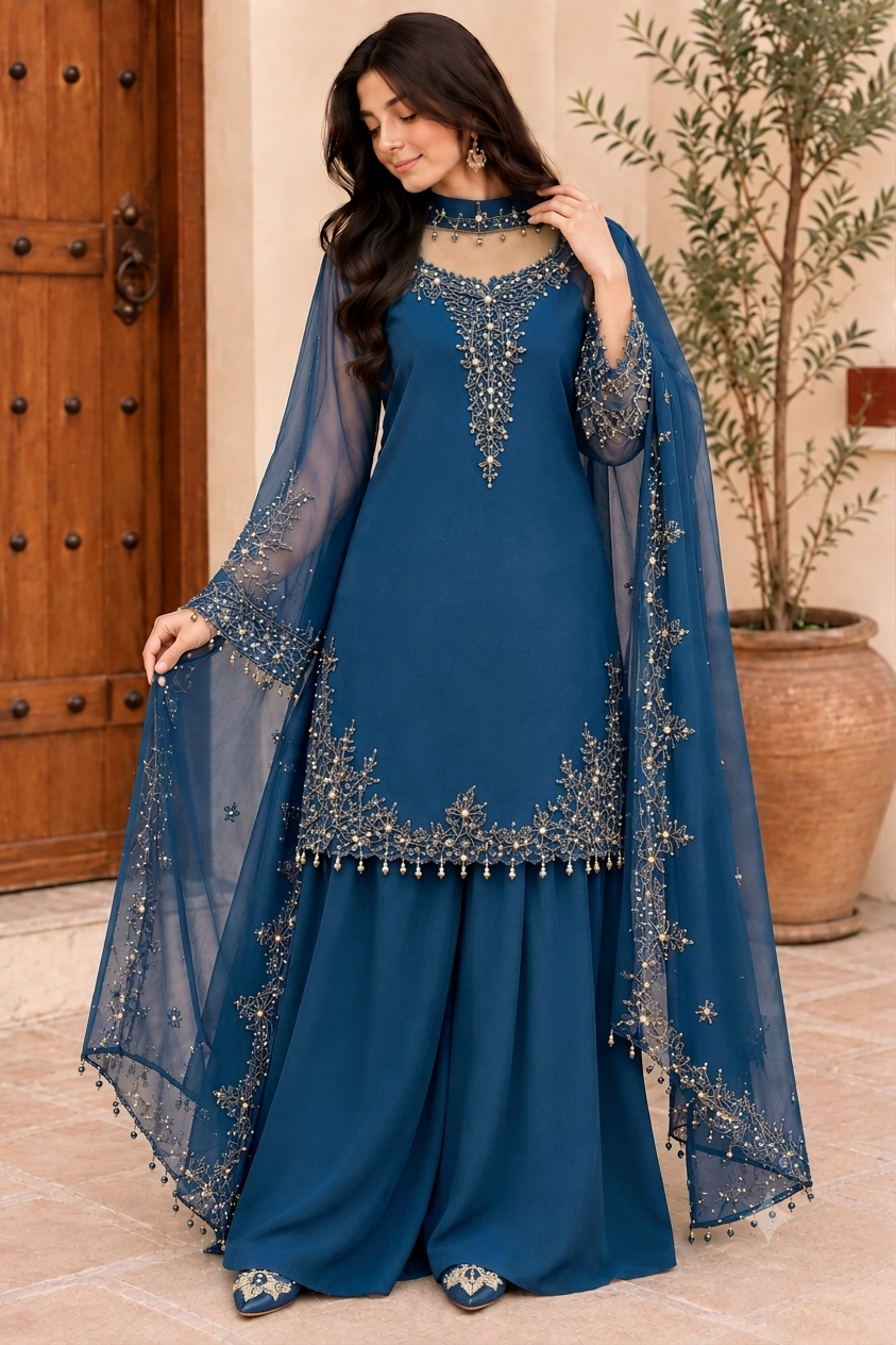 Women’s Embroidered Kurta Palazzo & Dupatta Set