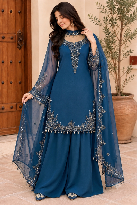Women’s Embroidered Kurta Palazzo & Dupatta Set