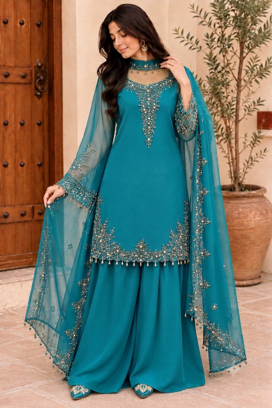 Women’s Embroidered Kurta Palazzo & Dupatta Set
