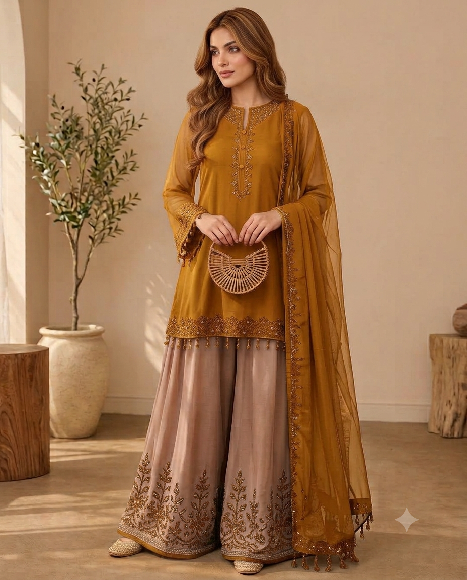 Women’s Embroidered Kurta Palazzo & Dupatta Set