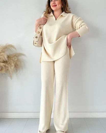 V-Neck Casual Slit Knitted Two-Piece Set