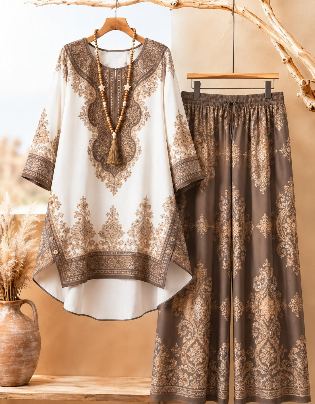 Bohemian Ethnic Print Tunic & Wide-Leg Pants Set