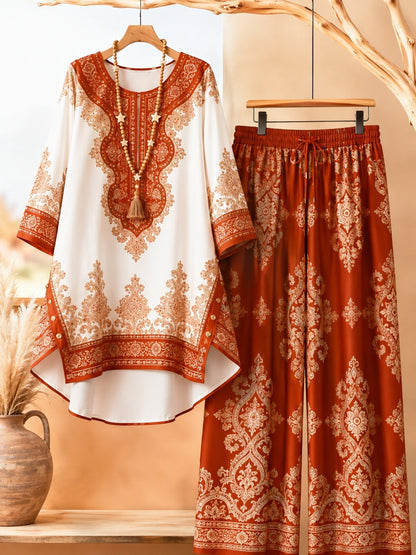 Bohemian Ethnic Print Tunic & Wide-Leg Pants Set