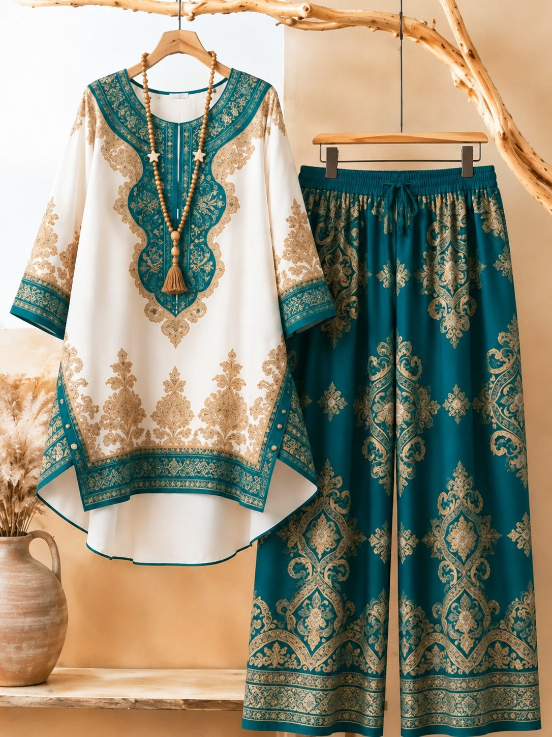 Bohemian Ethnic Print Tunic & Wide-Leg Pants Set