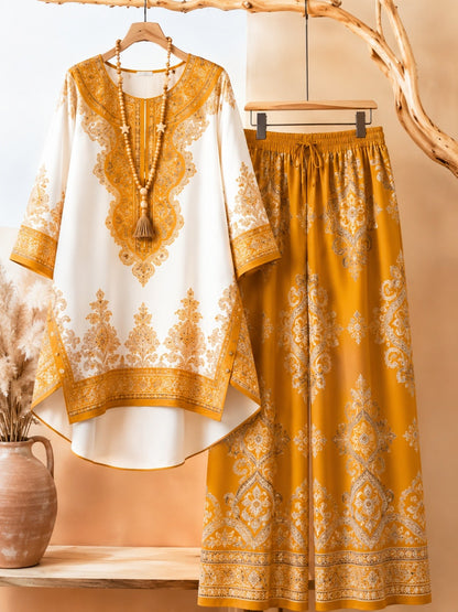 Bohemian Ethnic Print Tunic & Wide-Leg Pants Set