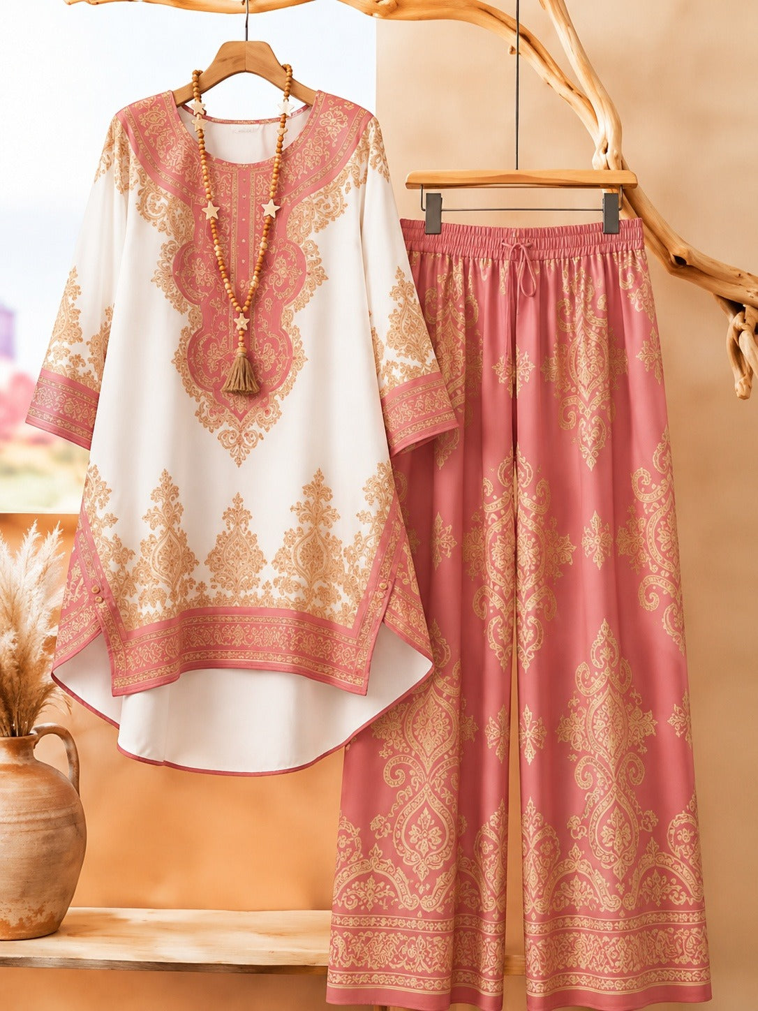 Bohemian Ethnic Print Tunic & Wide-Leg Pants Set