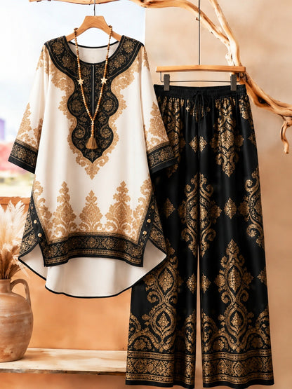 Bohemian Ethnic Print Tunic & Wide-Leg Pants Set