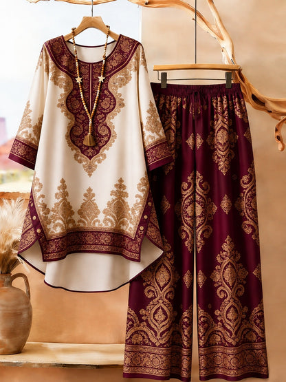 Bohemian Ethnic Print Tunic & Wide-Leg Pants Set