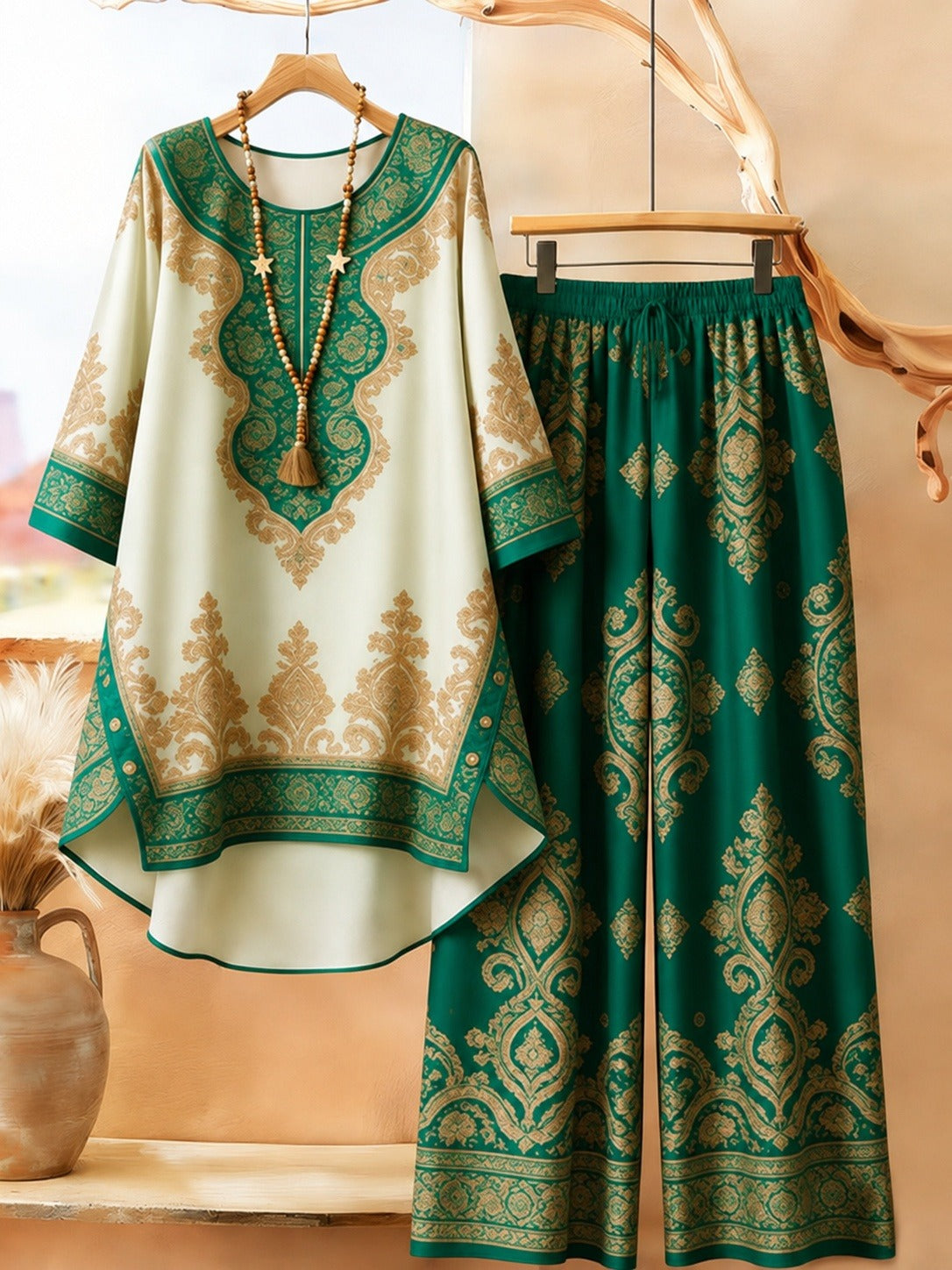 Bohemian Ethnic Print Tunic & Wide-Leg Pants Set