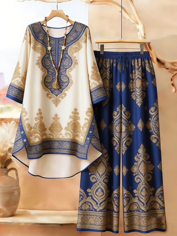Bohemian Ethnic Print Tunic & Wide-Leg Pants Set