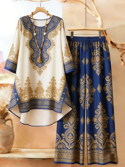 Bohemian Ethnic Print Tunic & Wide-Leg Pants Set