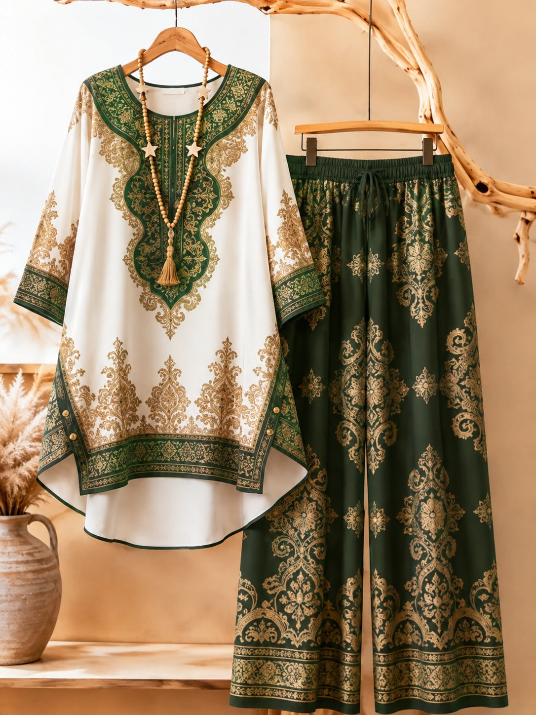 Bohemian Ethnic Print Tunic & Wide-Leg Pants Set