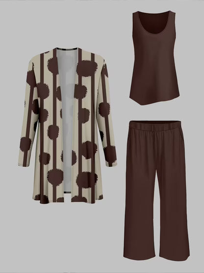 Women's 3-Piece Printed Co-Ord Set | Cardigan, Tank Top & Wide-Leg Pants