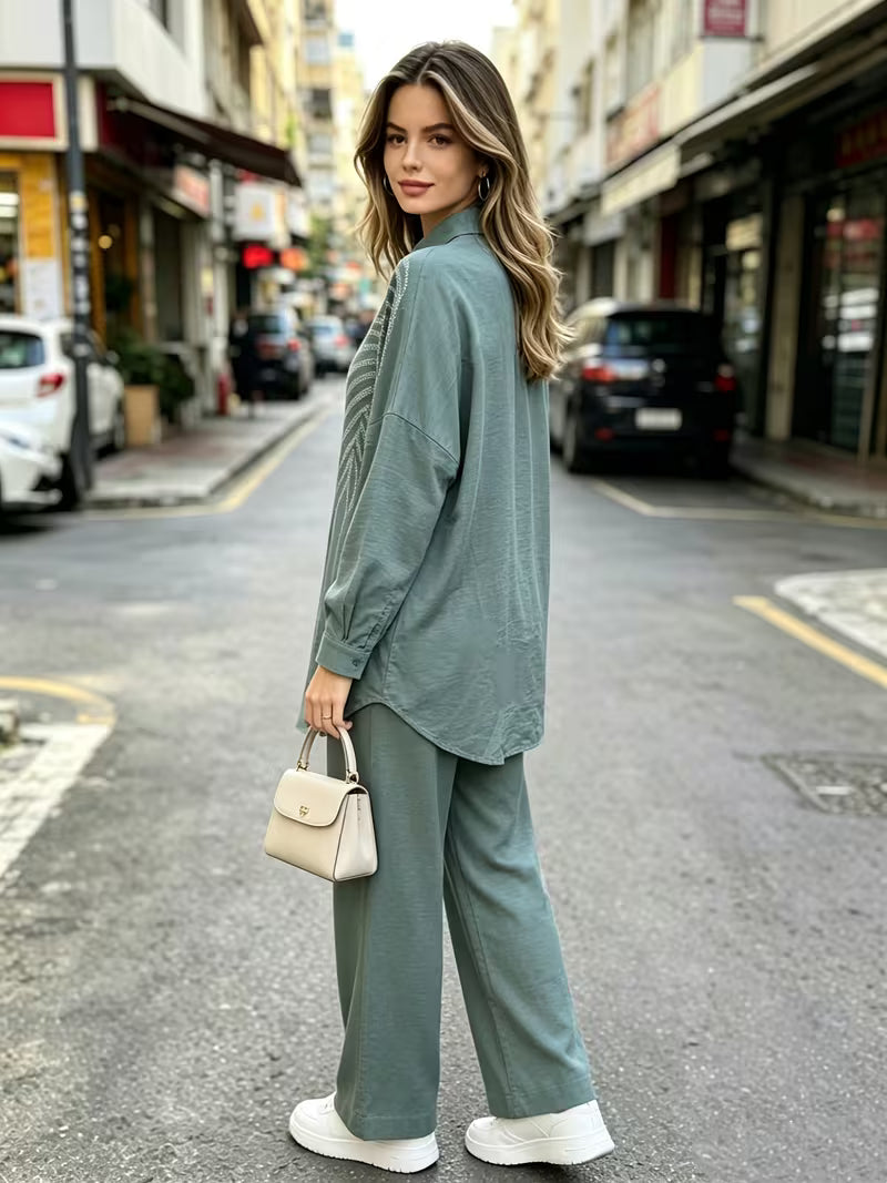 Women's Rhinestone Detail Shirt & Pants Set