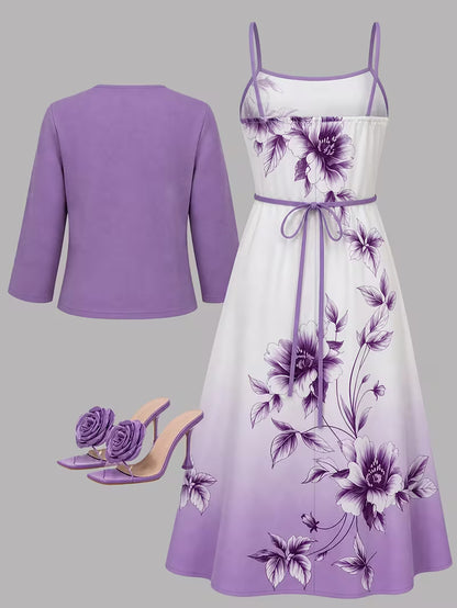 Elegant Artistic Floral Print 2-Piece Dress Set