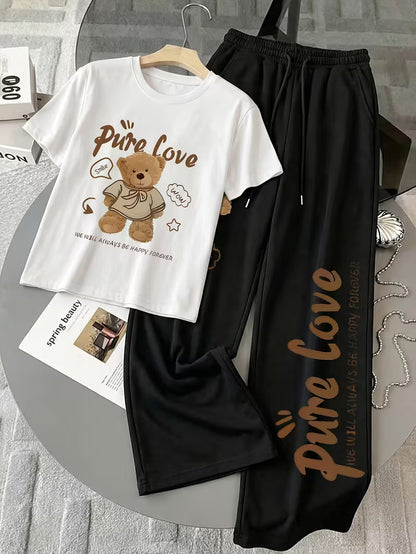 Women's Summer Bear Print Lounge Set – Soft Oversized T-Shirt with Drawstring Pants