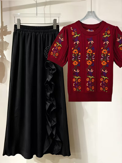 Rose Embroidery Top & Midi Skirt Set