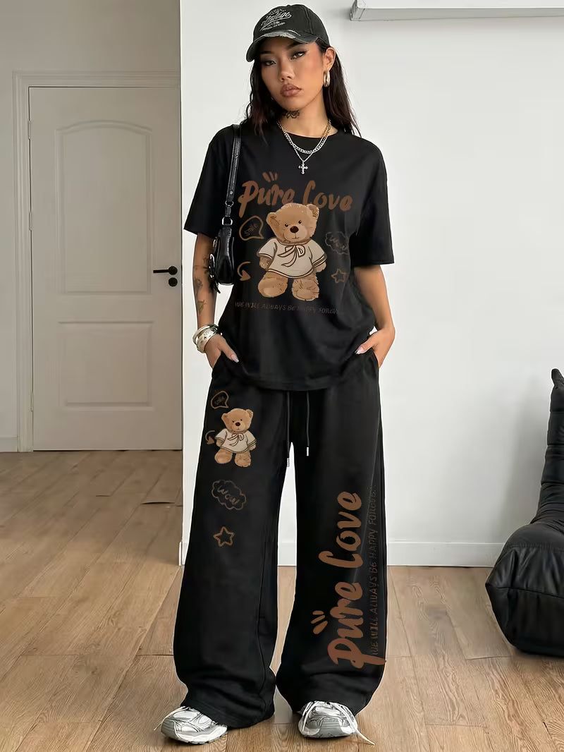 Women's Summer Bear Print Lounge Set – Soft Oversized T-Shirt with Drawstring Pants