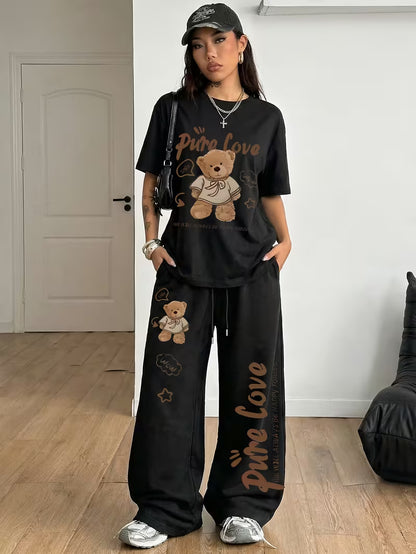 Women's Summer Bear Print Lounge Set – Soft Oversized T-Shirt with Drawstring Pants