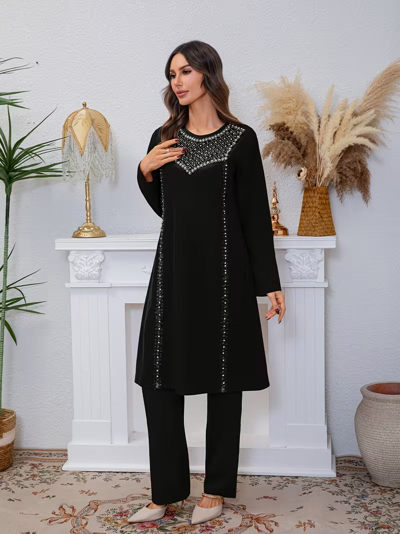 Luxury Pearl Sequin Abaya 2-Piece Set