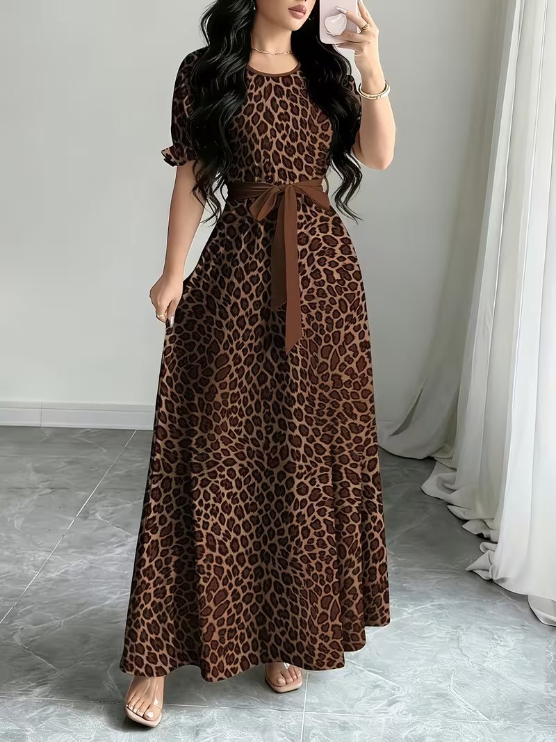 Women's Printed Belted Maxi Dress | Elegant Puff Sleeve Summer Dress
