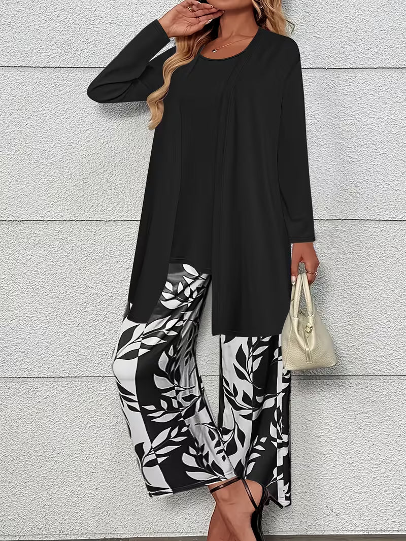 Women's 3-Piece Printed Co-Ord Set | Cardigan, Tank Top & Wide-Leg Pants