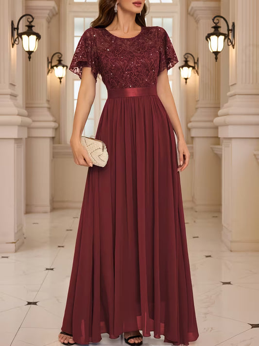 Women's Lace Round Neck Maxi Dress | Formal Party Wear