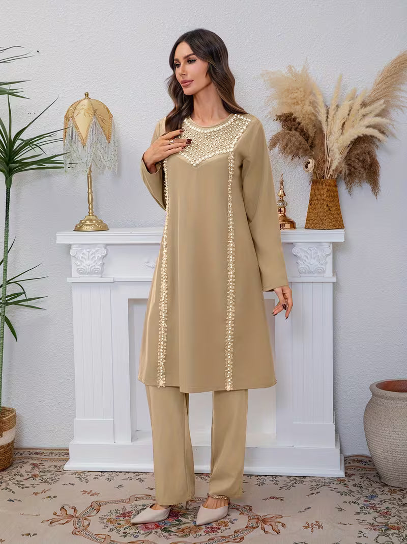 Luxury Pearl Sequin Abaya 2-Piece Set