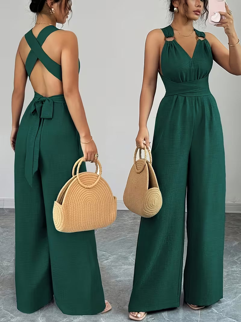 Elegant Cross-Back Wide Leg Jumpsuit for Women – Sleeveless Backless Casual Party Romper