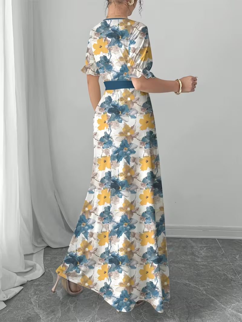 Women's Printed Belted Maxi Dress | Elegant Puff Sleeve Summer Dress