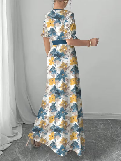 Women's Printed Belted Maxi Dress | Elegant Puff Sleeve Summer Dress