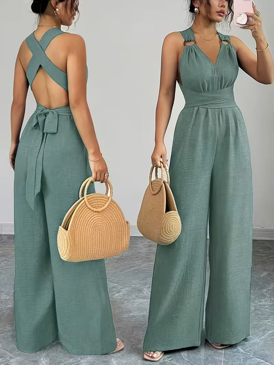 Elegant Cross-Back Wide Leg Jumpsuit for Women – Sleeveless Backless Casual Party Romper