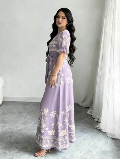 Women's Printed Belted Maxi Dress | Elegant Puff Sleeve Summer Dress