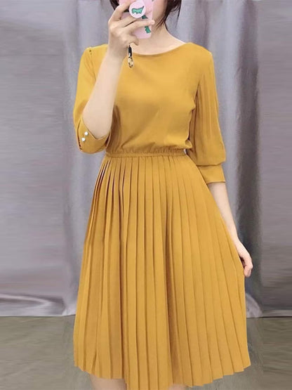 Elegant Korean Style Pleated A-Line Knee Length Dress