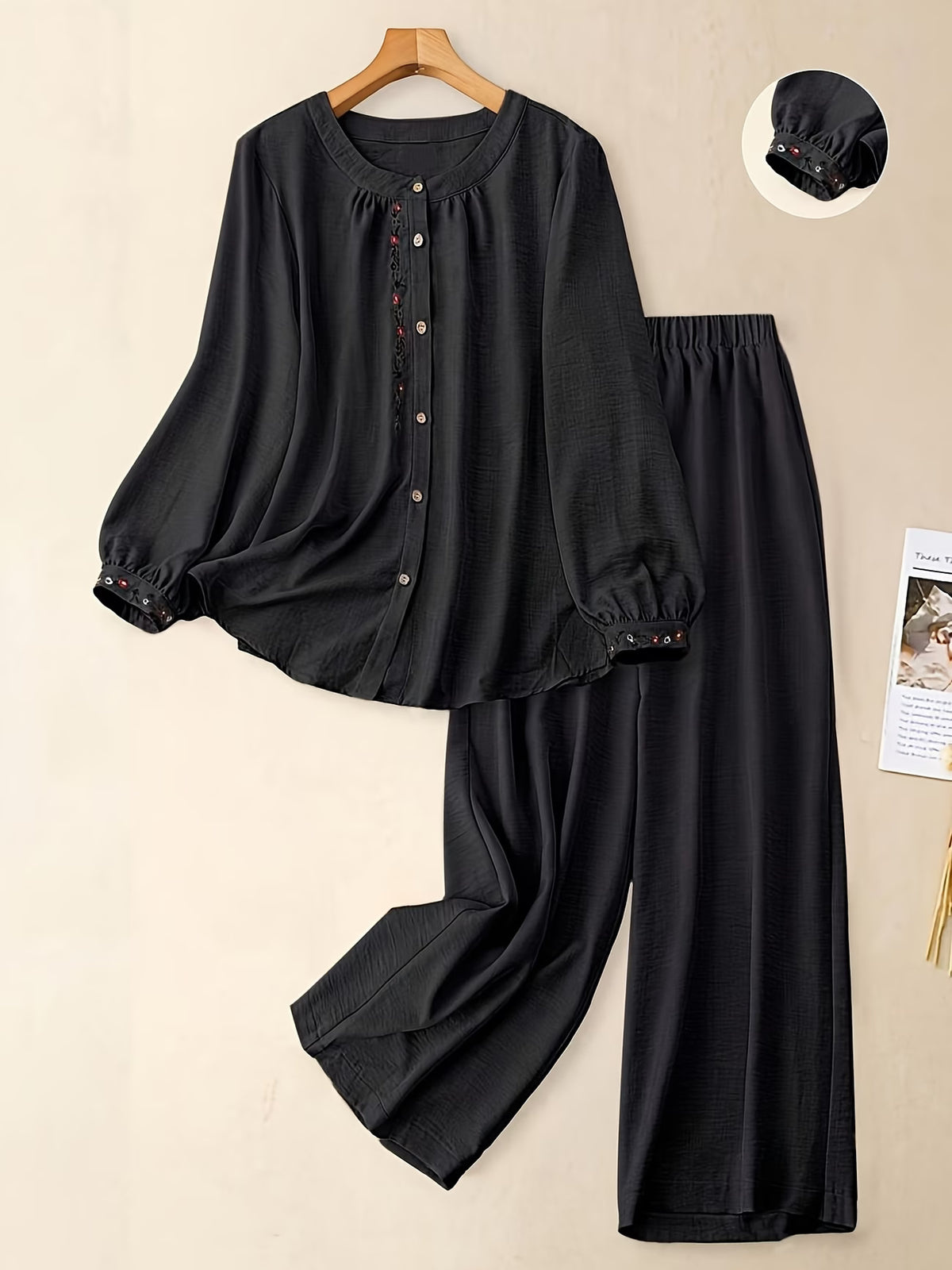 Women’s Solid Button-Down Shirt & Pant Set