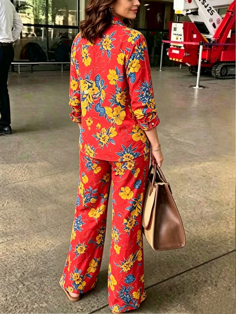 Women's Vintage Floral 2-Piece Co-Ord Set | Botanical Shirt & Straight-Leg Pants