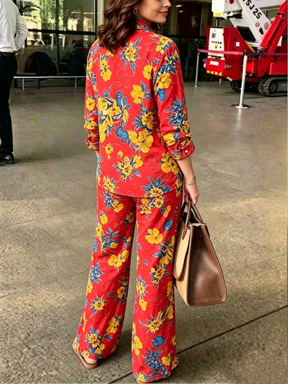 Women's Vintage Floral 2-Piece Co-Ord Set | Botanical Shirt & Straight-Leg Pants