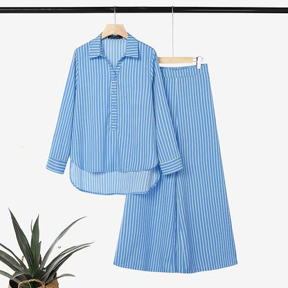 Women's Striped 2-Piece Co-Ord Set | Long Sleeve Shirt & Straight Pants