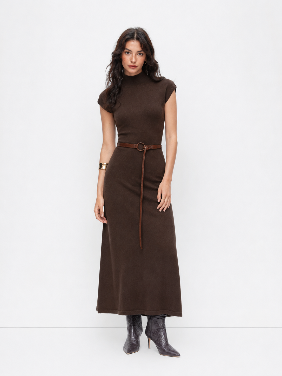 Women's Premium Belted Mock Neck Maxi Dress