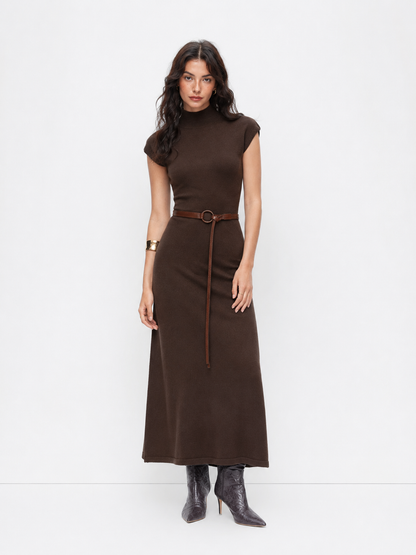 Women's Premium Belted Mock Neck Maxi Dress