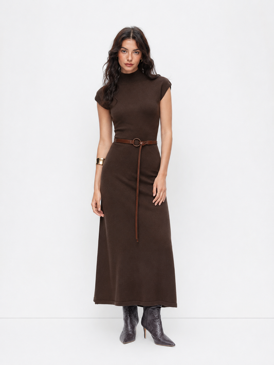 Women's Premium Belted Mock Neck Maxi Dress