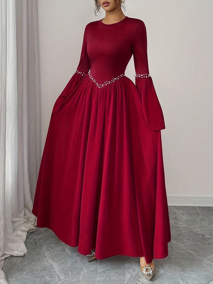 Elegant Pearled A-Line Long Sleeve Dress for Women