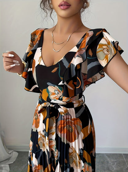 Women’s Floral Printed Pleated Maxi Dress